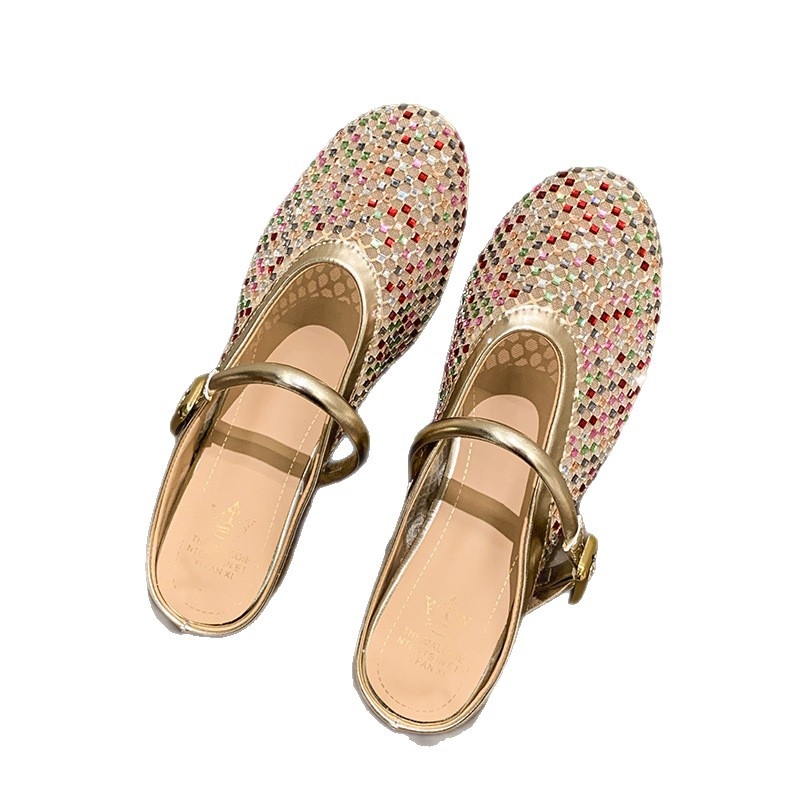 Pantofi femei cu deget închis, partea superioară din plasă, cu strasuri, slip-on, toc tip șa 3–5 cm, talpă din cauciuc, ușori, antiaderare, confortabili, pentru casă și exterior, vară 2025