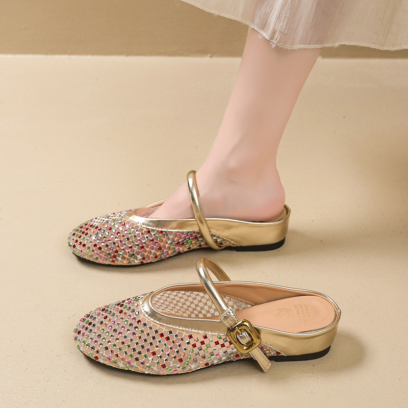 Pantofi femei cu deget închis, partea superioară din plasă, cu strasuri, slip-on, toc tip șa 3–5 cm, talpă din cauciuc, ușori, antiaderare, confortabili, pentru casă și exterior, vară 2025