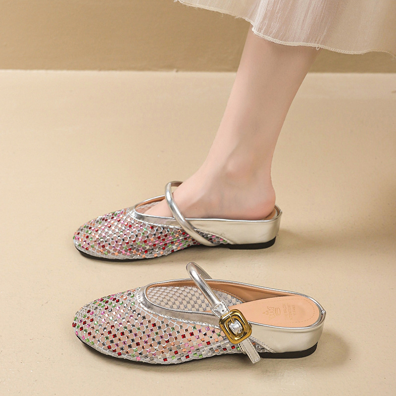 Pantofi femei cu deget închis, partea superioară din plasă, cu strasuri, slip-on, toc tip șa 3–5 cm, talpă din cauciuc, ușori, antiaderare, confortabili, pentru casă și exterior, vară 2025