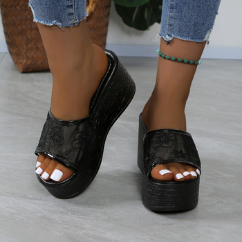 Papuci wedge pentru femei, partea superioară din țesătură, vârf în formă de gură de pește, căptușeală PU, talpă din cauciuc