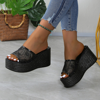 Papuci wedge pentru femei, partea superioară din țesătură, vârf în formă de gură de pește, căptușeală PU, talpă din cauciuc