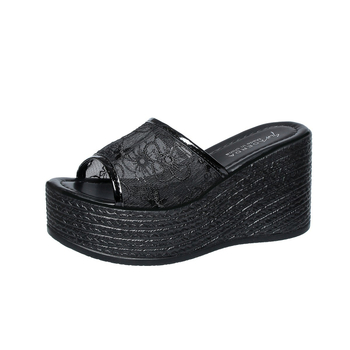 Papuci wedge pentru femei, partea superioară din țesătură, vârf în formă de gură de pește, căptușeală PU, talpă din cauciuc