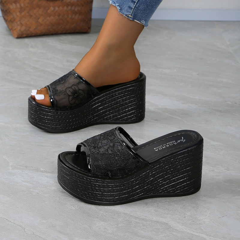 Papuci wedge pentru femei, partea superioară din țesătură, vârf în formă de gură de pește, căptușeală PU, talpă din cauciuc