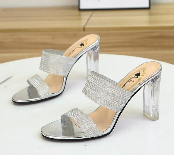 Sandale cu toc gros cristal, curea unică, stil coreean, partea superioară PU, căptușeală din piele artificială, talpă din cauciuc