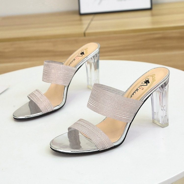 Sandale cu toc gros cristal, curea unică, stil coreean, partea superioară PU, căptușeală din piele artificială, talpă din cauciuc
