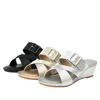 Sandale slip-on cu toc în clin, talpă groasă, stil Boho, vârf rotund, PU partea superioară