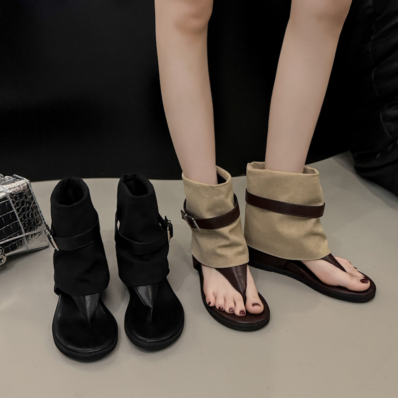 Sandale cu deget deschis și lift ascuns, botine scurte convertibile cu cataramă – partea superioară PU, talpă din cauciuc, vară 2025