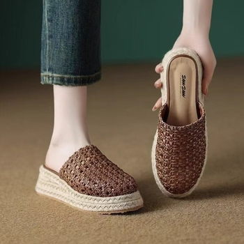 Mule țesute pentru femei, slip-on, cu talpă groasă și toc înclinat, vârf rotund; partea superioară: fibră super; talpă: cauciuc; fără căptușeală; vară 2025