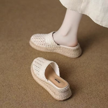 Mule țesute pentru femei, slip-on, cu talpă groasă și toc înclinat, vârf rotund; partea superioară: fibră super; talpă: cauciuc; fără căptușeală; vară 2025