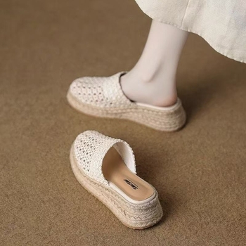 Mule țesute pentru femei, slip-on, cu talpă groasă și toc înclinat, vârf rotund; partea superioară: fibră super; talpă: cauciuc; fără căptușeală; vară 2025