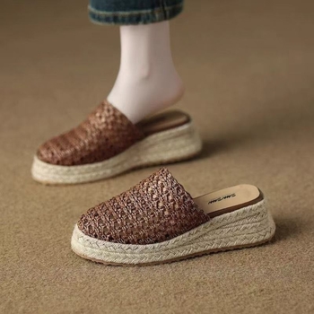 Mule țesute pentru femei, slip-on, cu talpă groasă și toc înclinat, vârf rotund; partea superioară: fibră super; talpă: cauciuc; fără căptușeală; vară 2025