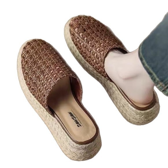 Mule țesute pentru femei, slip-on, cu talpă groasă și toc înclinat, vârf rotund; partea superioară: fibră super; talpă: cauciuc; fără căptușeală; vară 2025