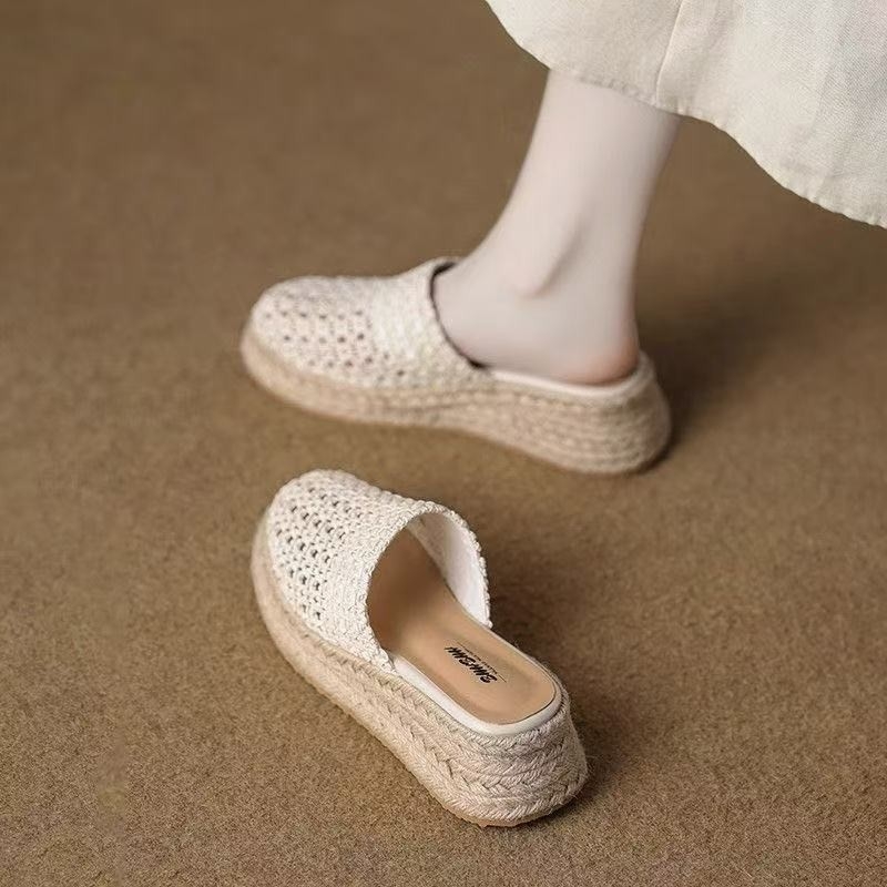 Mule țesute pentru femei, slip-on, cu talpă groasă și toc înclinat, vârf rotund; partea superioară: fibră super; talpă: cauciuc; fără căptușeală; vară 2025