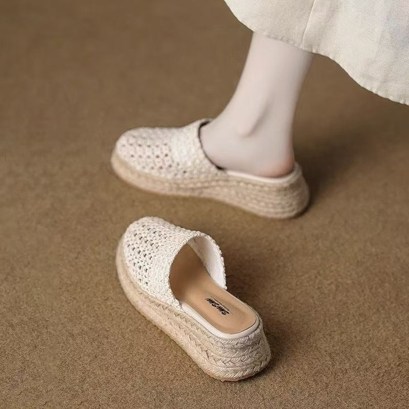 Mule țesute pentru femei, slip-on, cu talpă groasă și toc înclinat, vârf rotund; partea superioară: fibră super; talpă: cauciuc; fără căptușeală; vară 2025