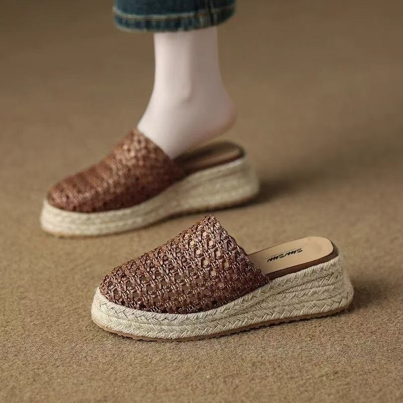 Mule țesute pentru femei, slip-on, cu talpă groasă și toc înclinat, vârf rotund; partea superioară: fibră super; talpă: cauciuc; fără căptușeală; vară 2025