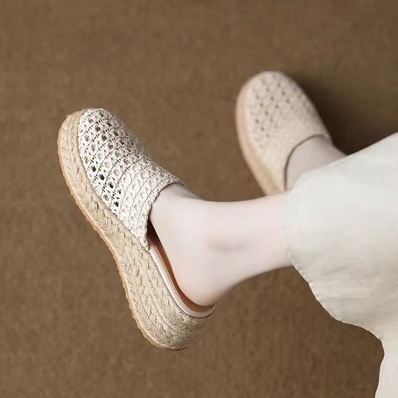 Mule țesute pentru femei, slip-on, cu talpă groasă și toc înclinat, vârf rotund; partea superioară: fibră super; talpă: cauciuc; fără căptușeală; vară 2025