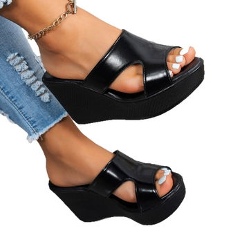 Sandale damă cu toc wedge, vârf în formă de pește, din PU, talpă din cauciuc, înălțime 6–8 cm, vară 2025