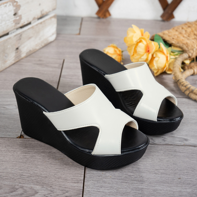 Sandale damă cu toc wedge, vârf în formă de pește, din PU, talpă din cauciuc, înălțime 6–8 cm, vară 2025