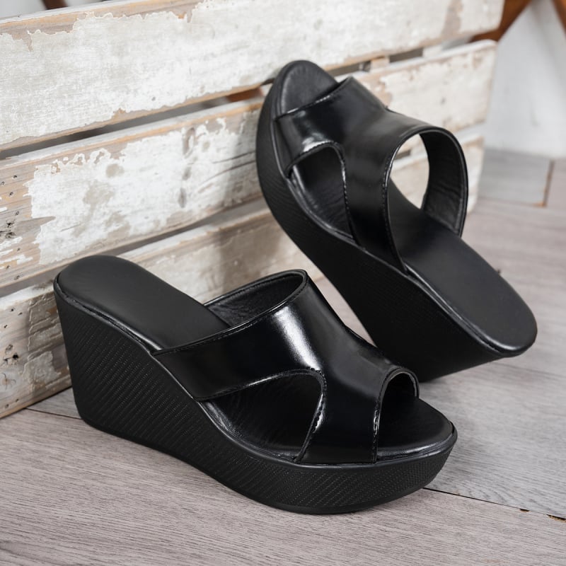 Sandale damă cu toc wedge, vârf în formă de pește, din PU, talpă din cauciuc, înălțime 6–8 cm, vară 2025