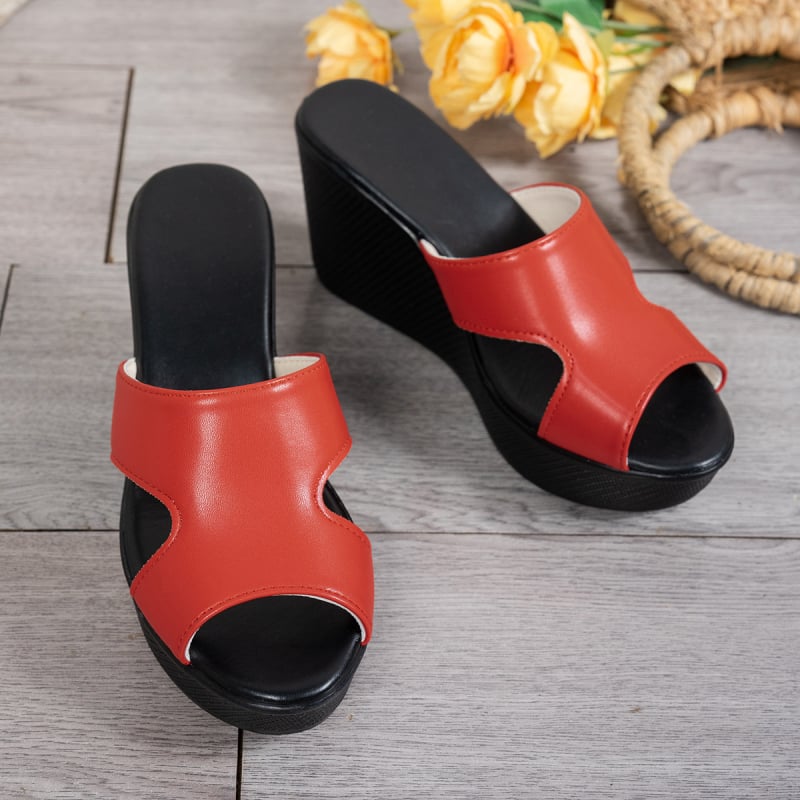 Sandale damă cu toc wedge, vârf în formă de pește, din PU, talpă din cauciuc, înălțime 6–8 cm, vară 2025