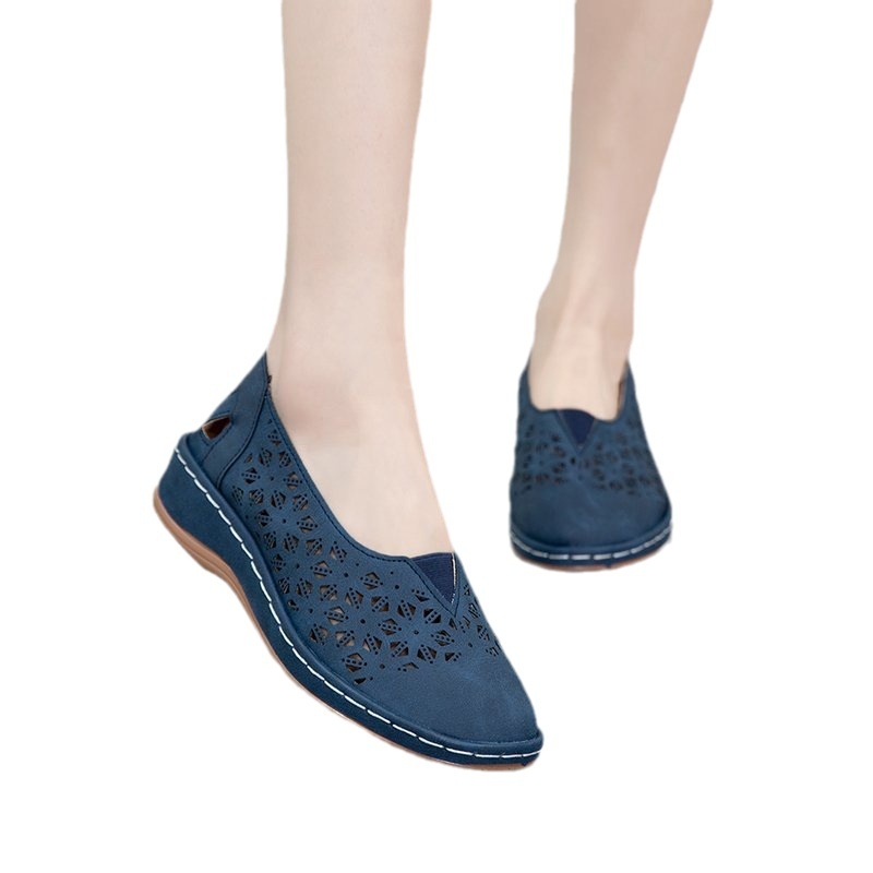 Ženske slip-on loaferice s perforiranim dizajnom, okrugli vrh, frosted vamp, gumeni potplat, PU podstava