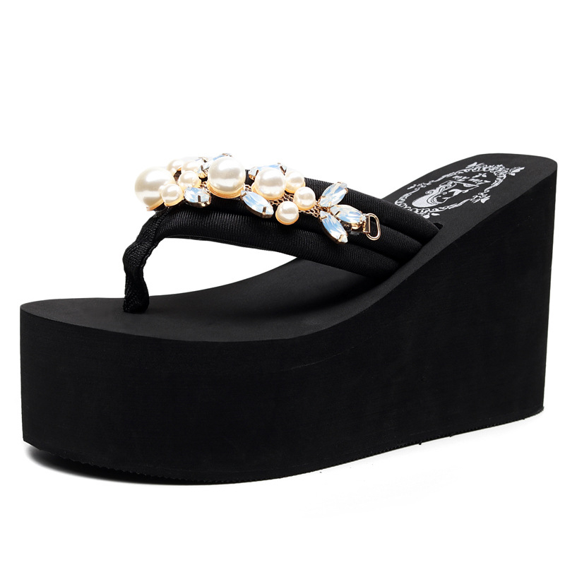 Sandale dama cu toc în formă de cui, decorate cu pietre Strass și perle, EVA partea superioară, talpă TPR, înălțime toc 3–5 cm