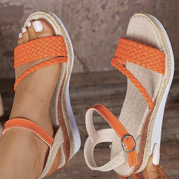 Ženské rímske sandále s tkanými pásmi, zapínanie prackou, PU vrchná časť, gumová podrážka, okrúhla špička, leto 2025
