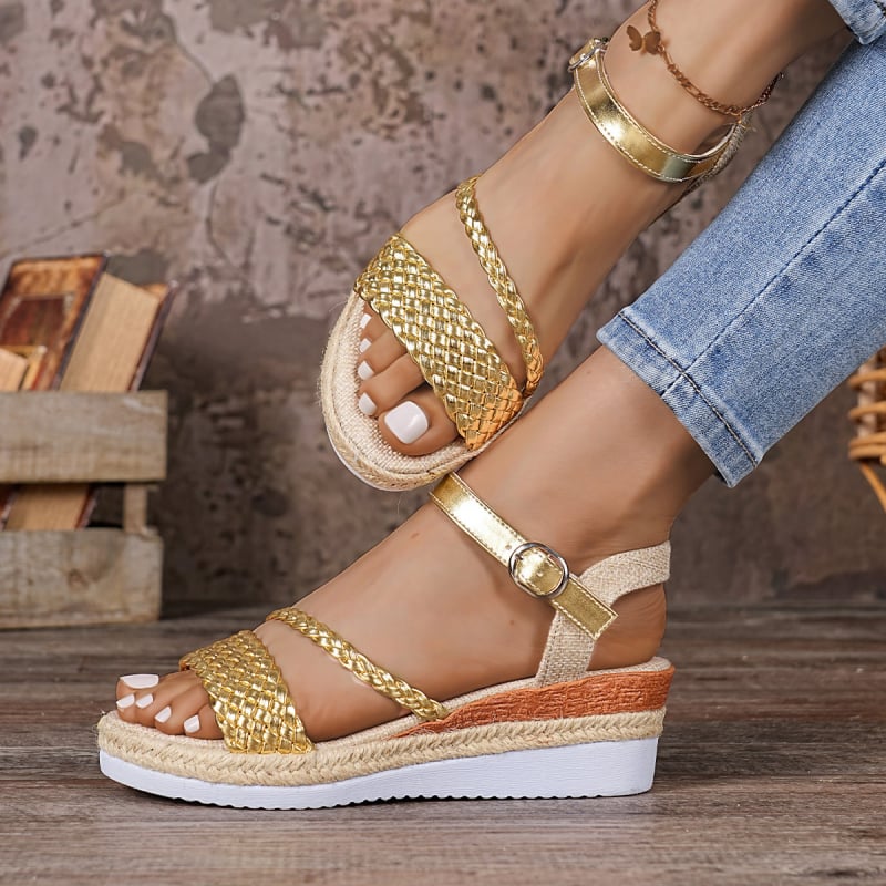 Ženské rímske sandále s tkanými pásmi, zapínanie prackou, PU vrchná časť, gumová podrážka, okrúhla špička, leto 2025