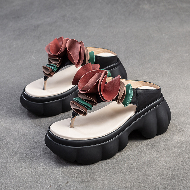 Sandale pentru femei etnice cu imprimeu floral, platformă înclinată, din piele, talpă din spumă, vârf rotund, vara 2024