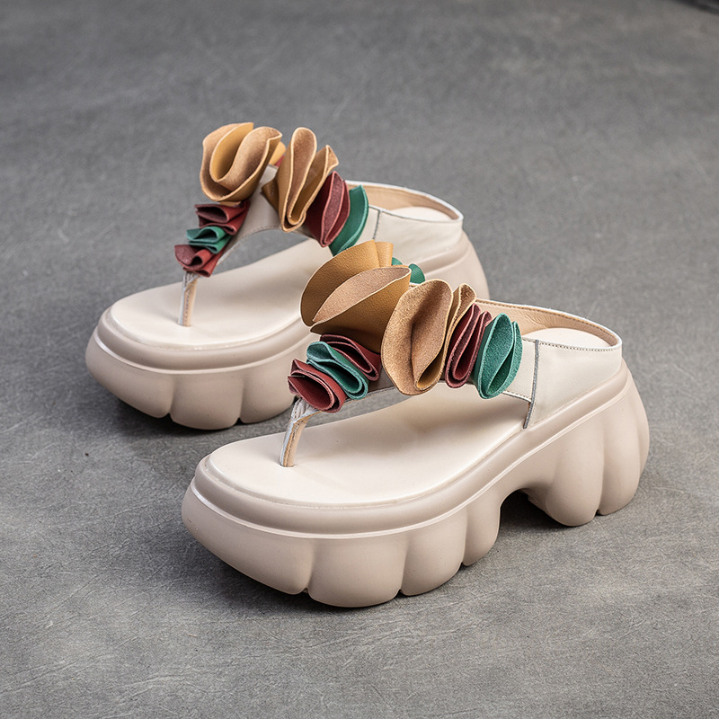 Sandale pentru femei etnice cu imprimeu floral, platformă înclinată, din piele, talpă din spumă, vârf rotund, vara 2024