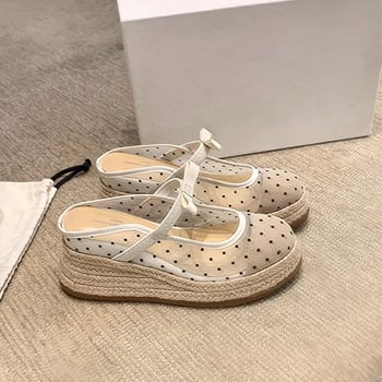 Sandale cu platformă din plasă, partea superioară din plasă, funda din cânepă, vârf rotund, talpă din cauciuc