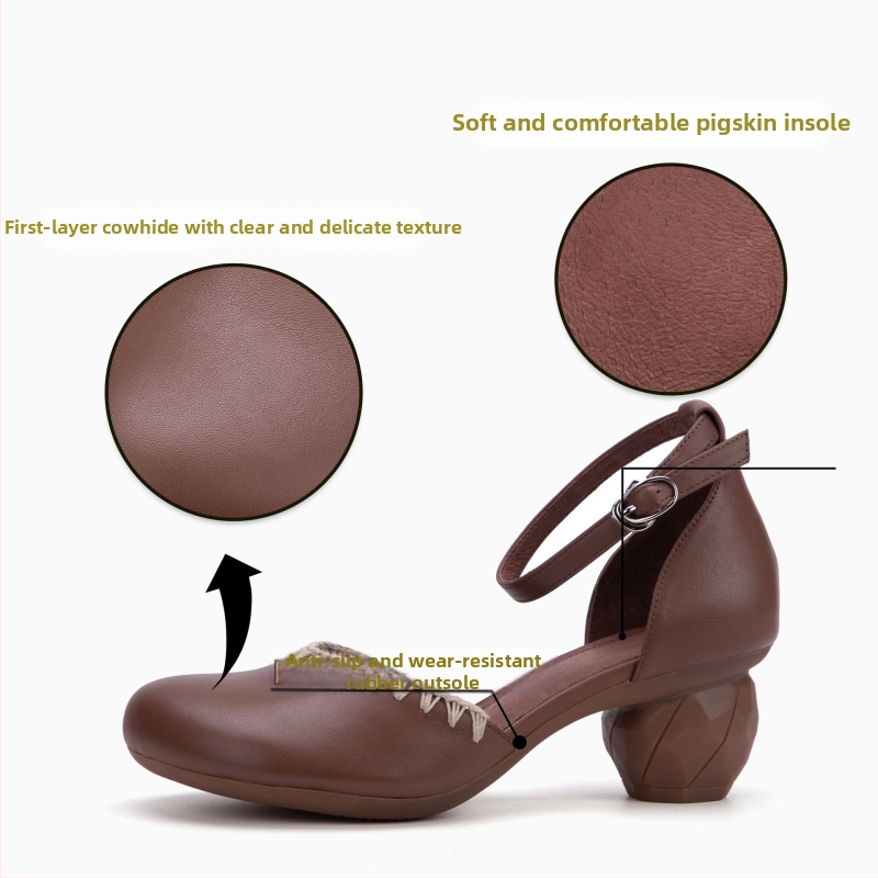 Sandale dama cu platformă, vârf drept, toc gros, piele de vită superioară, țesute manual, curea cu cataramă, Primăvara 2025