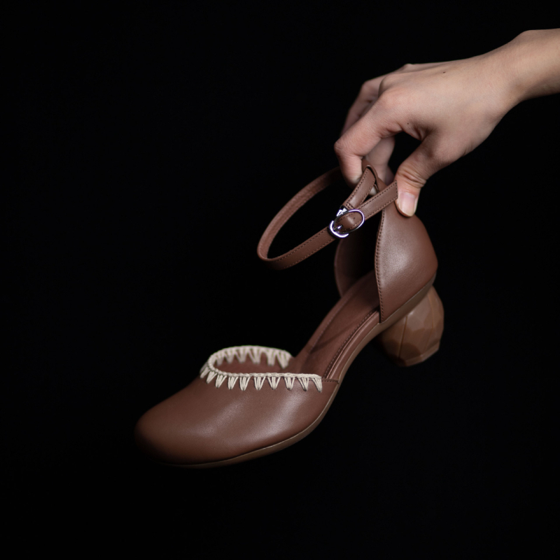 Sandale dama cu platformă, vârf drept, toc gros, piele de vită superioară, țesute manual, curea cu cataramă, Primăvara 2025