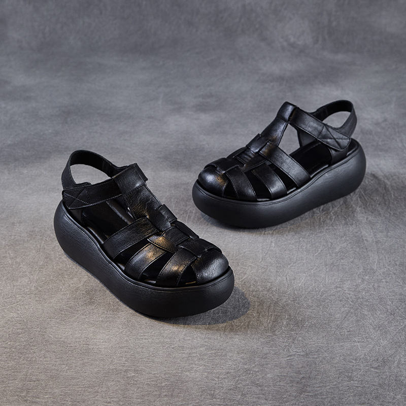 Sandale romane din piele naturală, design decupat cu țesătură, închidere Velcro, talpă din spumă de cauciuc, vara 2025