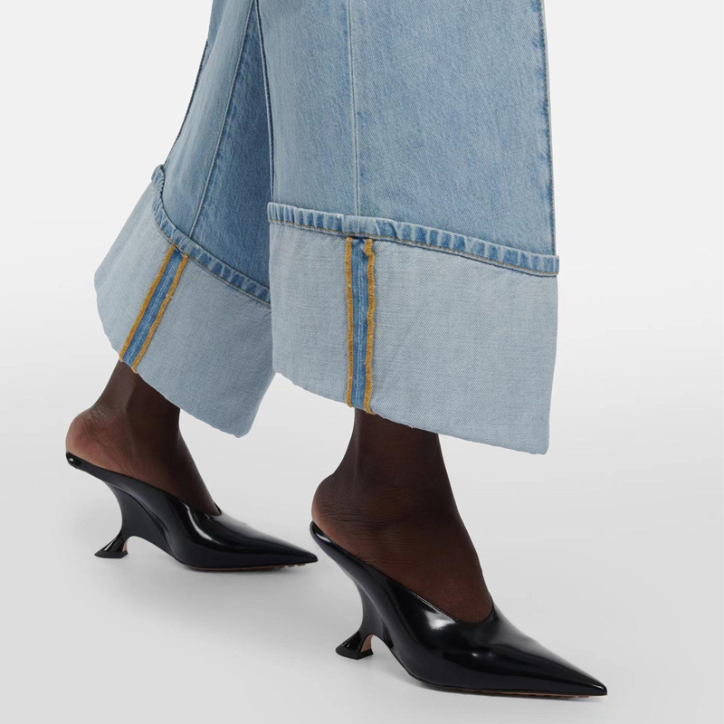 Sandale dama cu platformă, vârf ascuțit, Baotou stil, partea superioară din Super Fiber, căptușeală din piele de porc, talpă din cauciuc