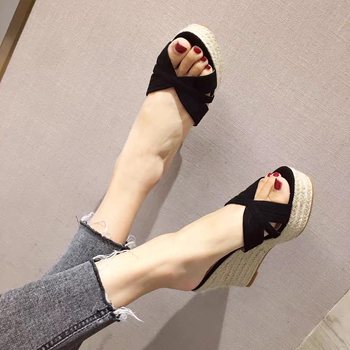 Dámske sandále na platforme s otvorenou špičkou, pletene z konopného lana, PU vrchný materiál, gumová podrážka, štýl Kórejský