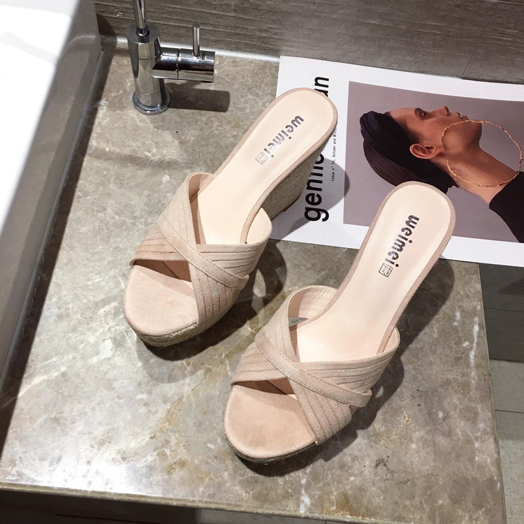 Dámske sandále na platforme s otvorenou špičkou, pletene z konopného lana, PU vrchný materiál, gumová podrážka, štýl Kórejský