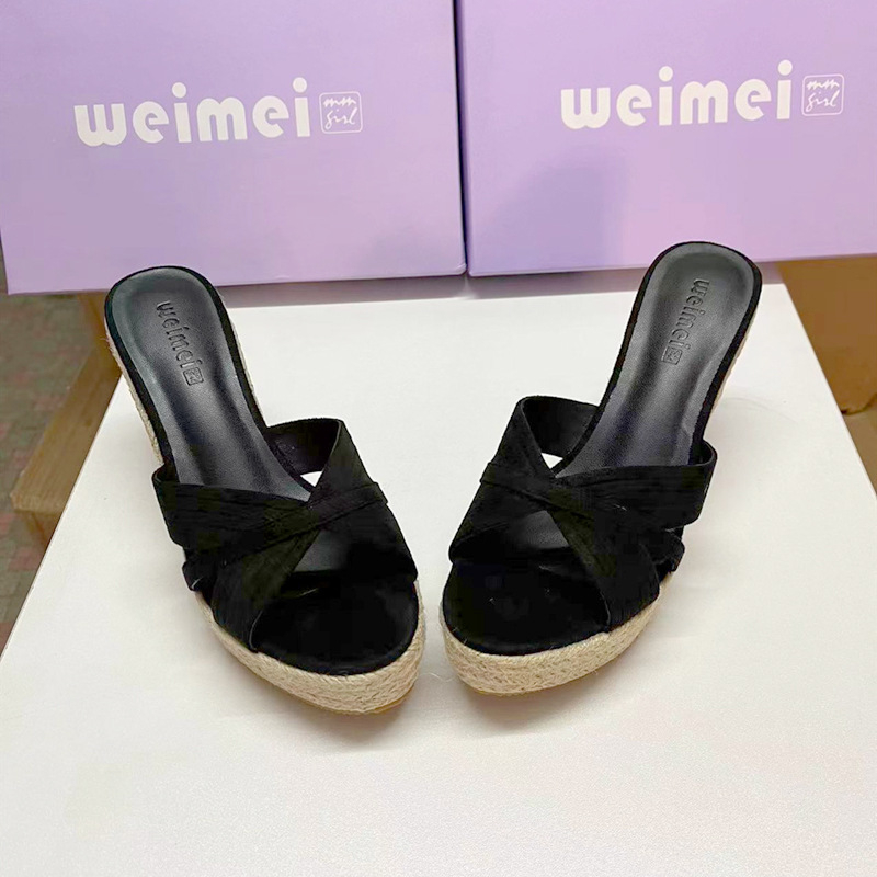 Dámske sandále na platforme s otvorenou špičkou, pletene z konopného lana, PU vrchný materiál, gumová podrážka, štýl Kórejský