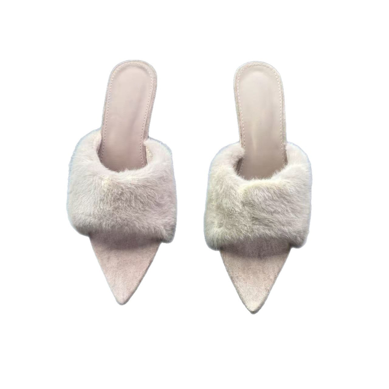 Dámske papuče s klinovým podpätkom z kožušiny, otvorený prst, gumová podrážka, PU vnútorná časť, jeseň 2025