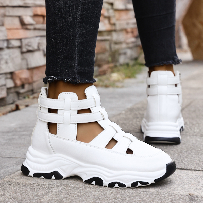 Sandale romane cu decupaj, PU partea superioară, fermoar lateral, vârf rotund, talpă groasă de 5 cm cu platformă (PU partea superioară, fermoar lateral, vârf rotund, talpă groasă de 5 cm, platformă)