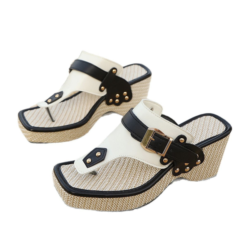 Platformske sandale od slame s debelim potplatom, boemski stil, 3D cvjetni motivi, PU gornji dio, kvadratna vršna, gumena potplata