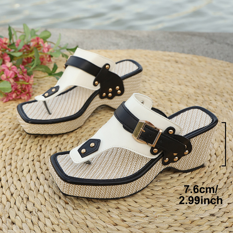 Platformske sandale od slame s debelim potplatom, boemski stil, 3D cvjetni motivi, PU gornji dio, kvadratna vršna, gumena potplata