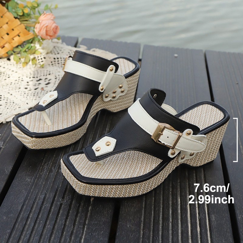 Platformske sandale od slame s debelim potplatom, boemski stil, 3D cvjetni motivi, PU gornji dio, kvadratna vršna, gumena potplata