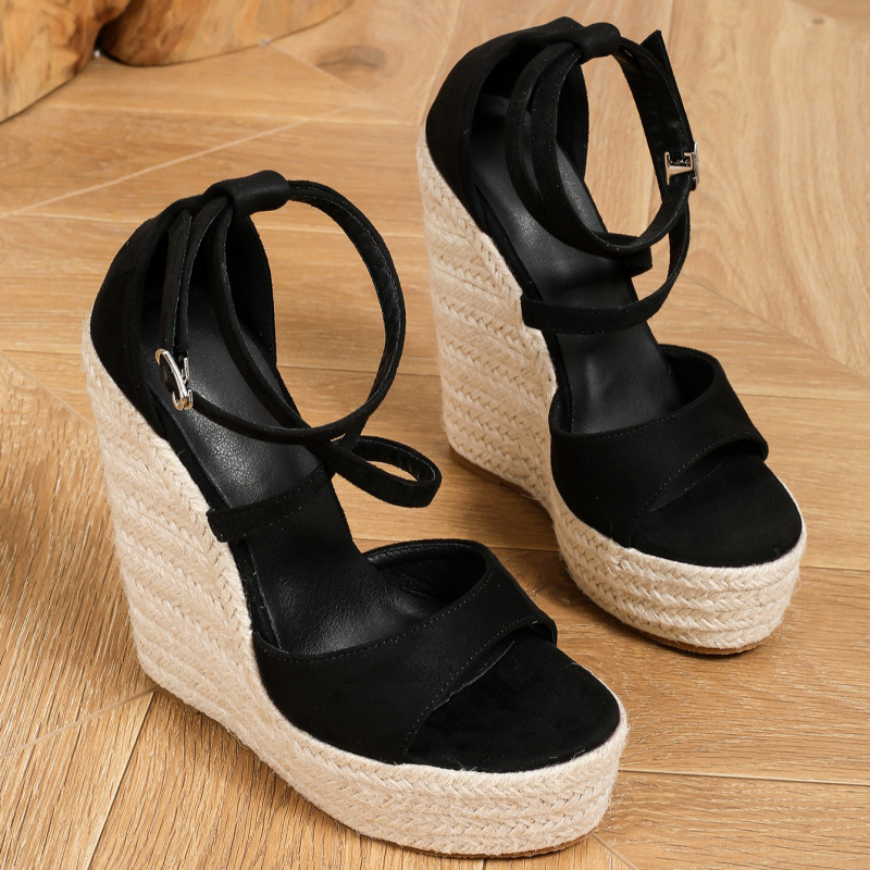 Sandale femei cu bretea simplă, partea superioară din suede, vârf în formă de gură de pește, toc tip pană înalt peste 8 cm, PU căptușire, talpă din cauciuc