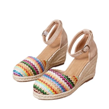 Sandale Boho pentru femei, toc conic și talpă goală, partea superioară din pânză, Cataramă