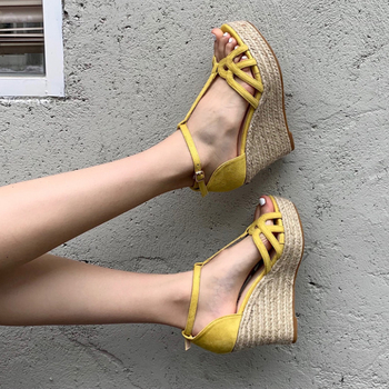 Sandale cu toc înclinat, platformă de 10 cm, împletite din frânghie de cânepă, cataramă în formă de T, deget deschis la vârf