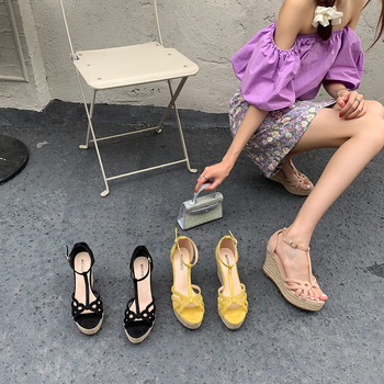 Sandale cu toc înclinat, platformă de 10 cm, împletite din frânghie de cânepă, cataramă în formă de T, deget deschis la vârf