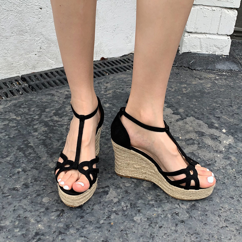 Sandale cu toc înclinat, platformă de 10 cm, împletite din frânghie de cânepă, cataramă în formă de T, deget deschis la vârf