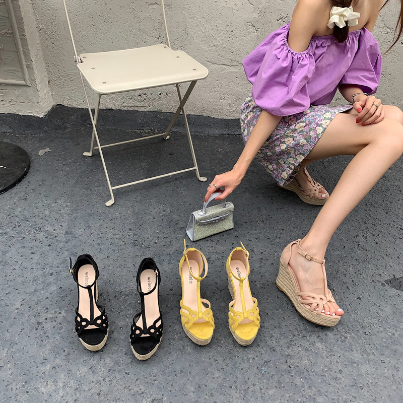 Sandale cu toc înclinat, platformă de 10 cm, împletite din frânghie de cânepă, cataramă în formă de T, deget deschis la vârf