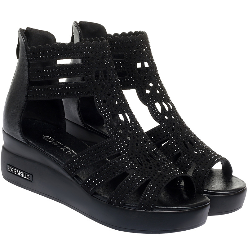 Sandale romane pentru femei, parte superioară din microfibră, vârf în formă de gură de pește, talpă din cauciuc, închidere cu fermoar pe spate